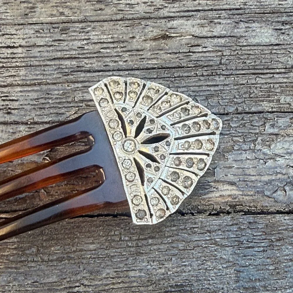 1920s Art Deco Celluloid Silver Rhinestone Hair Clip Comb Vintage Tortoise shell - Picture 3 of 6